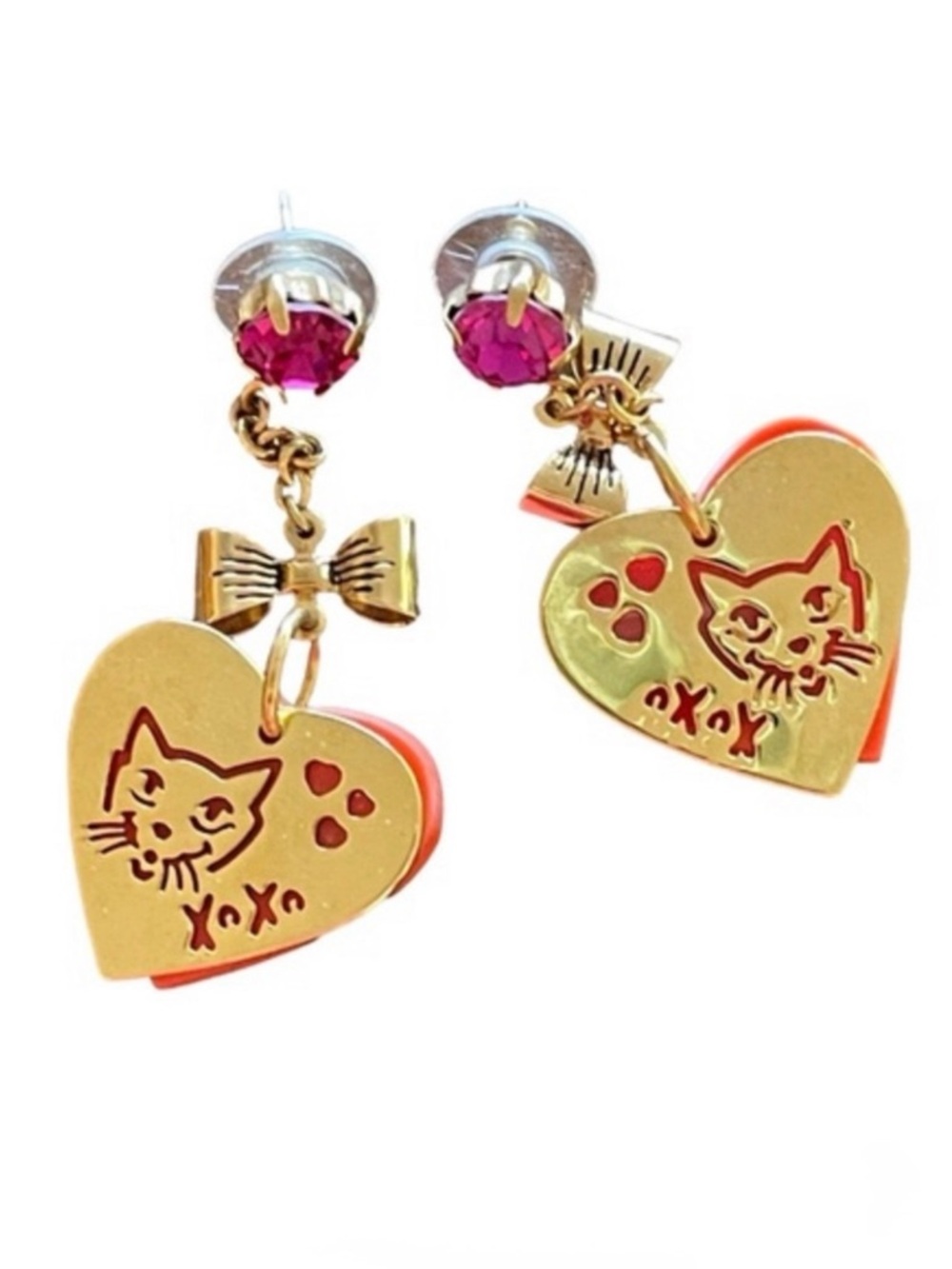 Betsey Johnson Heart Cat Dangle Earrings Gold & Orange Rare XOXO